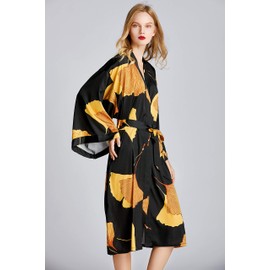 EORUBE Women's Dressing Gown Long Satin Kimono Robe Ginkgo Leaf Pattern Bridal Bridesmaid Dressing Gown, black