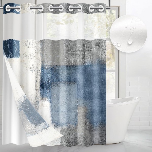 Culudea Navy Blue Grey Painting No Hook Shower Curtain with