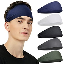 Pilamor Sports Headbands for Men (5 Pack),Moisture Wicking Workout Headband, Sweatband Headbands for Running,Cycling,Football, Yoga,Hairband for Women and Men… (Dark Gray, Green, White, Blue, Black)