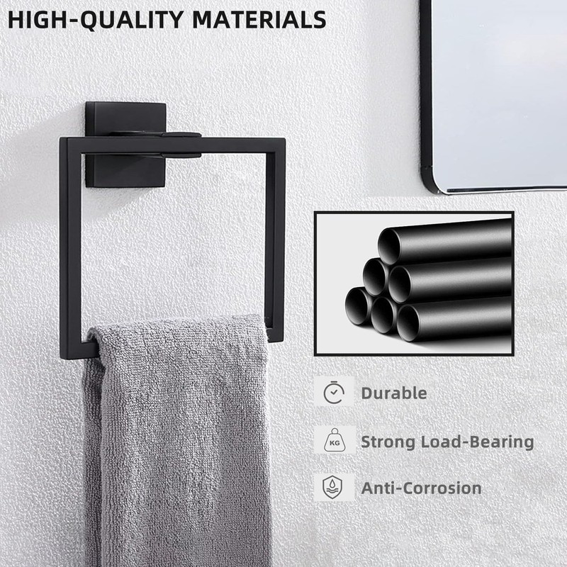 Matte Black Square Towel Ring, Wall Mount Modern Towel Holder