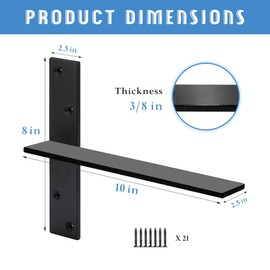 Floating Shelf Bracket 3/8" Thick Heavy Duty Shelf Brackets 3 Pack Free Hanging Countertop Support Bracket 10" Lx2.5 W Floating Wall Brackets for Cabinets, Granite, Dishwasher, Bench Seats Vanities
