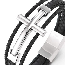 COOLSTEELANDBEYOND Men Stainless Steel Horizontal Sideway Lateral Cross Three-Row Black Braided Leather Bangle Bracelet(CA)