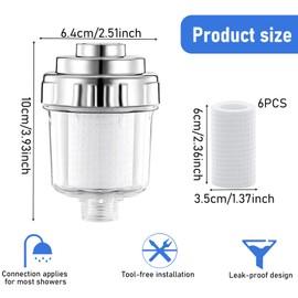 Filter for Shower Heads, Shower Filter for Limescale Water, Shower Filter with 6 Interchangeable Filter Elements, Shower Filter for 1/2 Inch Connections, Effective Filtering of Water Impurities