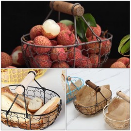 DOITOOL Oval Wire Storage Basket with Wooden Handles, Metal Egg Basket, Fruit Baskets, Vintage Style Storage Baskets, Metal Wire Egg Basket, Rust Gathering Baskets, Kitchen Storage Basket