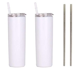 Ink Trendz - 2 Pack 20oz Sublimation Straight Skinny Tumbler Plastic & Stainless Steel Straw, Sublimation Tumblers Mugs, Double Walled SS Travel Coffee Tumbler