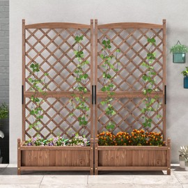 Happygrill Raised Garden Bed with Trellis, Large Planting Box w/Drainage Holes, 60” Wooden Garden Planter w/Diamond Lattice Trellis for Climbing Plants, Outdoor Planter Box for Patio (2, Coffee)