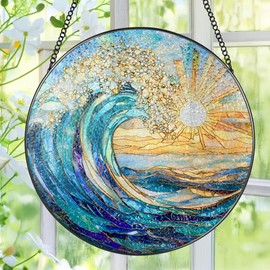 Sea Wave Stained Glass Suncatcher, 8 Inch Ocean Suncatchers for Window Hanging, Beach Lover Gifts, Beach Decor, Coastal Suncatcher, Gifts for Friends, Couples, Family, Colleagues