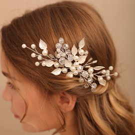 Jumwrit Bridal Hair Comb Pearl Wedding Hair Comb for Bride Handmade Leaf Headpiece Wedding Hair Accessories for Women Girls（Gold）