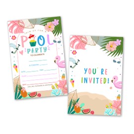 FQPJA Pool Party Invitations For Boy Girl, Birthday Invites Cards For Kids Family, Tropical Invitation Cards With Envelopes, Summer Swimming Pool Party Decoration Supplies Favors -D01