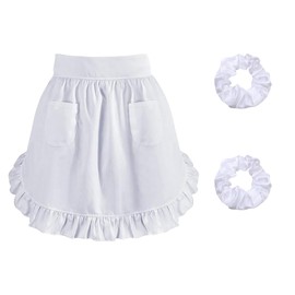 White Waist Apron with Pockets and Two Hairbands, Waitress Apron, Half Apron for Cooking & Cleaning, Adjustable Ruffle Apron for Women's Costumes, Maid Apron, Aprons for Restaurant and Coffee Shop