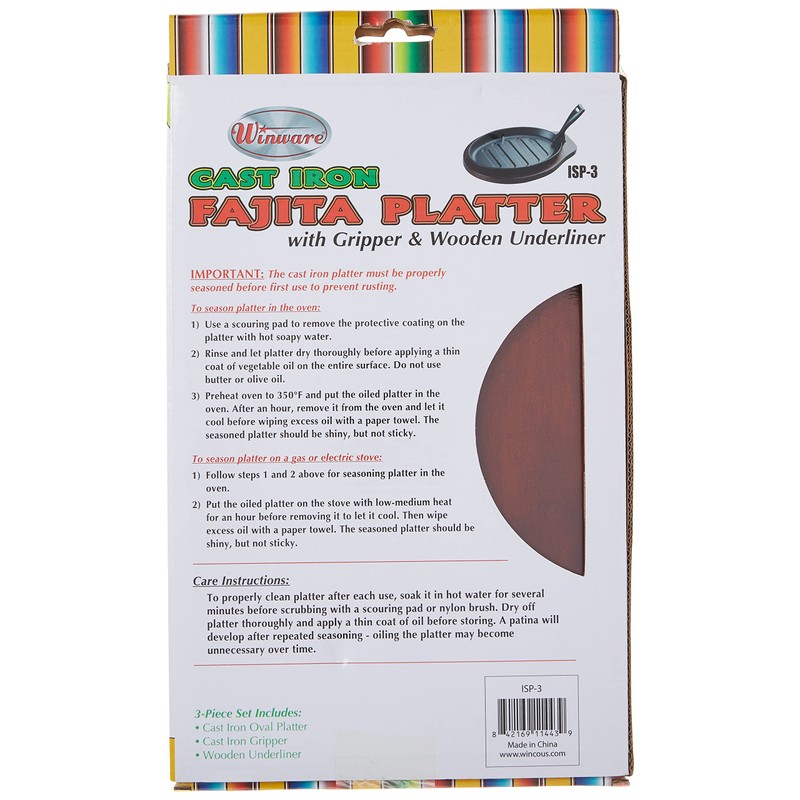 Winco Fajita Platter w/Gripper, 3-pc Set, Cast Iron
