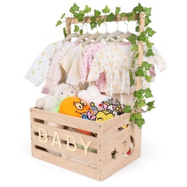LifeIdeas Wooden Baby Shower Crate Closet, Baby Shower Basket Storage with Handle, Baby Crate Hamper, Shower Basket For Newborn Baby, Baby Shower Party Wooden Decor