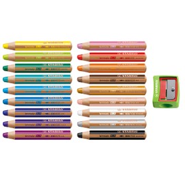 Stabilo Woody Colouring Pencils 3 in 1 Wood Multitalent Round Set (18 Pencils with Sharpener, Assorted | 18 Colours)