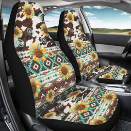 Salabomia Aztec Cow Print Car Seat Cover, Stretchy Sunflower Car Seat Protector Cover for Women, Comfortable 2 Piece Car Seat Covers Universal Fit for Most Vehicle Cars, Brown