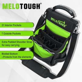 MELOTOUGH Electrician Tool Pouch Bag with Padded Shoulder Strap Constructed Professional 27 Pockets Pouch Tool Belt Pouch with Hard Bottom for Carpenter/Technican(Green)