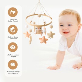 Baby Bed Mobile Baby Wooden with Felt Balls, Owl and Star Baby Mobile Wind Chime, Bed Bell Pendant for Baby Bed, Nursery Decoration, Gift for Baby Girls or Boys (Pink)