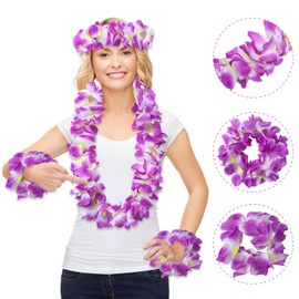 GHGMAO Hawaiian Leis Luau Party Wreath Set - Flower Necklace Headband and Bracelets, Great for Beach Wedding Birthday Holiday Hawaii Theme Party Activity Graduation Decoration (Purple)