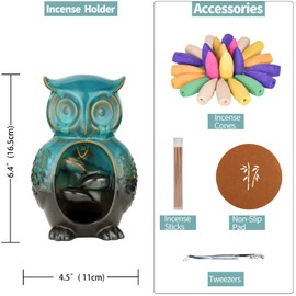 Backflow Incense Burner Cute Owl Ceramic Backflow Incense Cones Holder for Home Decoration Gift 20 Pieces Incense Cones + 30 Incense Sticks + 1 Tweezers + 1 Mat