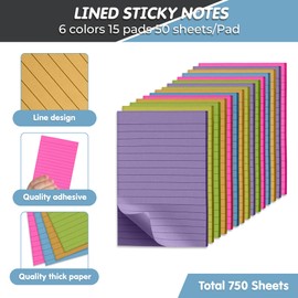 Sticky Notes 4x6 Lined – 15 Pack, 6 Bright Colors, 50 Sheets/Pad, Super Sticky & No Residue – Notes for Office, School, Home, Planner, Study