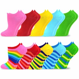 10 Pairs Neon Solid Plain Rainbow Stried Colorful Lowcut Ankle Socks for Women Gift for Her Cotton (Rainbow Stripes, Solid)