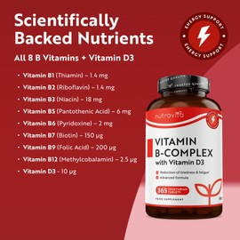 Nutravita Vitamin B Complex High Potency - 1 Full Year Supply - 8 Vitamins B1-B2-B3-B5-B6-B12, Biotin, Folic Acid & VIT D3 in 1 High Strength Micro Tablet - Reduction of Tiredness - Made in The UK