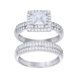 Auriga Fine Jewelry 925 Sterling Silver Cubic Zirconia Size-8 Princess-Cut Center Stone Bridal Set Wedding Engagement Band Ring