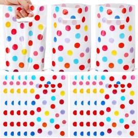 Janlaugh 100 Pcs Small Plastic Gift Bags Bulk with Handle 9.84''x 6.5'' Party Favor Goodie Bags with Pastel Watercolor Rainbow Polka Dot for Birthday Party Favor Easter Holiday Candy Treat