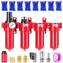 TAILONZ PNEUMATIC 0-150PSI 3/8 Inch NPT Red Industrial Grade 4 Stage Air Drying System, Particulate Filter, Coalescing Filter, Double Desiccant Dryer and Air Regulator (Manual Drainage)