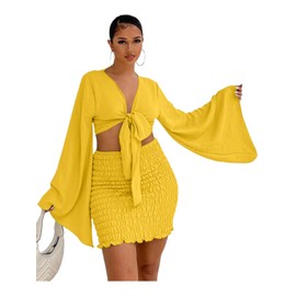 LYANER Women's 2 Piece Outfits Tie Knot Front Bell Long Sleeve Crop Top and Mini Skirt Set Yellow X-Large