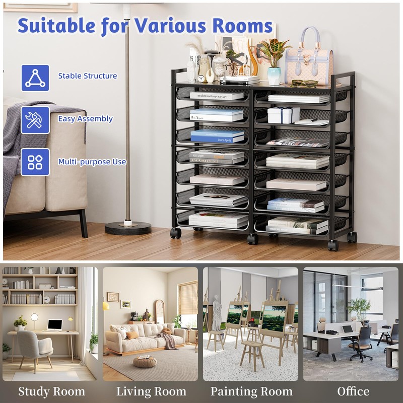 Simple Trending Rolling File Storage Cart, 15-Tier Metal Desk File