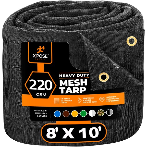 Xpose Safety Heavy Duty Mesh Tarp – 8’ x 10’ Multipurpose Black Protective Cover with Air Flow - Use for Tie Downs, Shade, Fences, Canopies, Dump Trucks – Tear Resistant