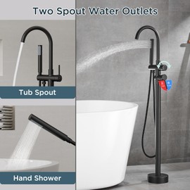 FORIOUS Free Standing Tub Faucet, Tub Filler Freestanding Bathtub Filler Floor Mount Brass Bath Shower Faucets Standing with High Flow Swivel Spout and Handheld Shower Mixer Taps, Matte Black