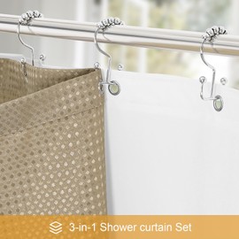 Craidlela 3 in 1 Shower Curtain Set, Beige Waffle Shower Curtain and PEVA Liner Set with 12 Stainless Steel Shower Curtain Hooks, Tan Waterproof Fabric Shower Curtains for Bathroom, 72 W x 72 H