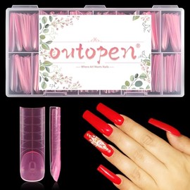 outopen 140pcs Long Square Nail Forms Clear Pink Nail Extension Nail Mold Full Cover Nail Art Mold for Wide Nail Beds Acrylic Extension Gel Forms for Beginners DIY Manicure, 14 Sizes