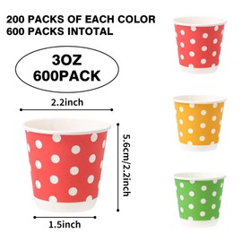 Tamone 600 Pack 3 oz Paper Cups, Small Bathroom Cups, Disposable Cups, Mini Paper Cups Dot Design, Red Cups, Green Cups, Yellow Cups, Mouthwash Cups for Party, Picnic, BBQ, Travel, Home and Event