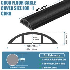 Floor Cord Cover for Wires 12FT Cord Hider Wire Cover Self Adhesive Cable Management for Floors Prevent Cable Trips Cable Floor Cover Cable Cavity 0.39" W x 0.27" H