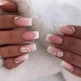 Flower Press on Nails Medium Square Fake Nails Pink White Gradient False Nails French Tip with Design Rhinestone Glue on Nails Acrylic Nails Glossy Diamond Stick on Nails for Women Manicure 24PCS