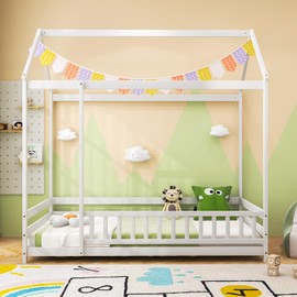 Giantex Twin Floor Bed with Fence, Wood Montessori Bed with Safety Guardrails and 80.5" High Roof Design, Without Slats, House Bed Frame, Low Floor Bed Twin for Kids, Girls, Boys (White)