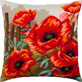 Poppies. Needlepoint Kit. Throw Pillow 16×16 Inches. Printed Tapestry Canvas, European Quality