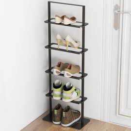 GAZITOP Metal Shoe Stand, 5 Tier Vertical Shoe Rack, Narrow Shoe Rack for Small Space Saving Shoe Tower Sturdy, Free Standing Shoe Racks for Entryway, Matte Black Shoe Rack