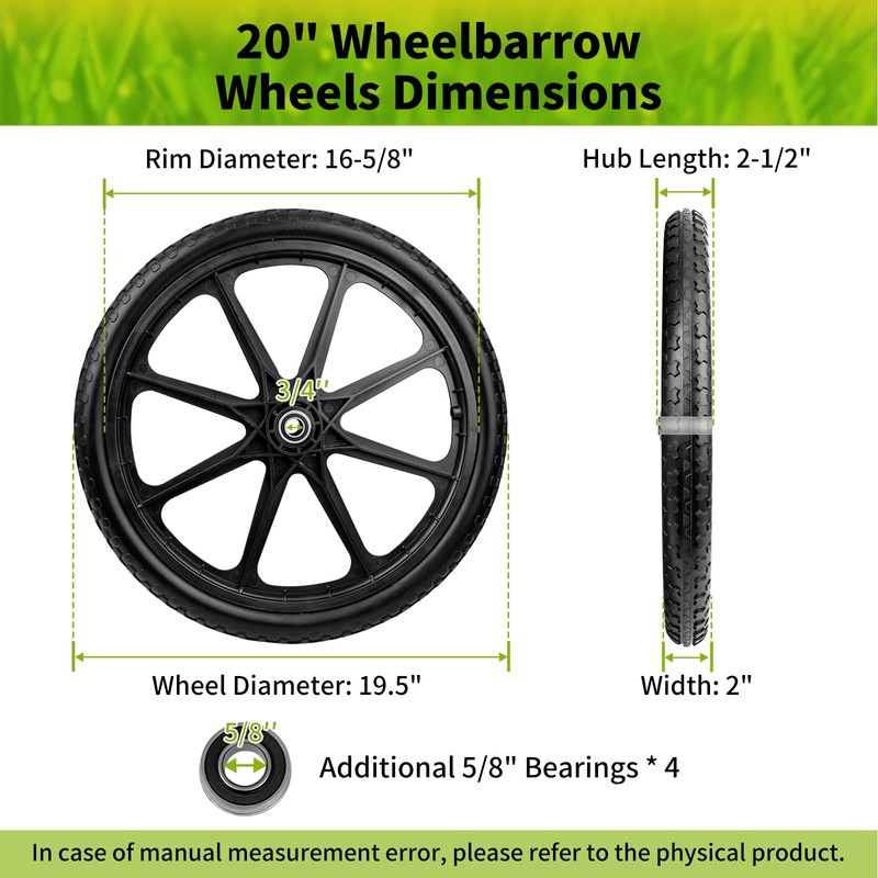 budrash 20" Wheelbarrow Wheels Fit for Rubbermaid, Flat Free Carts