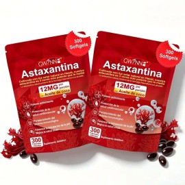 Gwynne Suplemento Dietético de Astaxantina 12 mg,300 Cápsulas Blandas,Apoyo Antioxidante Natural con Extracto de Haematococcus Pluvialis, 2pcs
