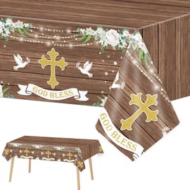 3 PCS God Bless Baptism Party Tablecloths Decoration First Holy Communion Tablecloth Mi Bautizo Christening Plastic Table Cover Newborn Baby Shower Theme Party Supplies Rustic Wood Floral Party Favors