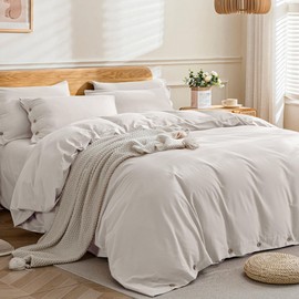 JELLYMONI - Funda de edredón tamaño Queen Extragrande, Beige con Botones, 100% algodón, Juego de Cama Transpirable y Suave de 3 Piezas, Funda de 98 x 98 Pulgadas y 2 Fundas de cojín (sin edredón)