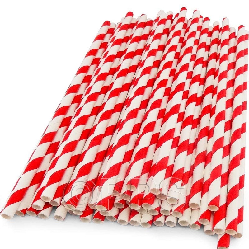 50 x Red and White Stripe Paper Drinking Straws Biodegradable