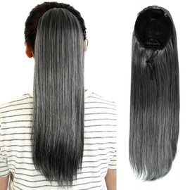 SERENDIPA Ponytail Extension, Short Straight Drawstring Pony Tail 16 Inch, Clip in Sleek Natural Fake Synthetic Hairpieces (Salt and Pepper)