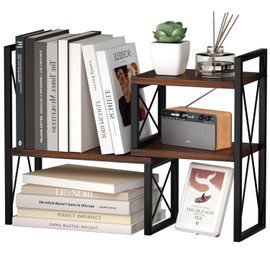 Yelinkws Desktop Shelf Organizer,Small Bookshelf for Office,Wood Desk Top Shelves, Office Organization and Storage-Brown