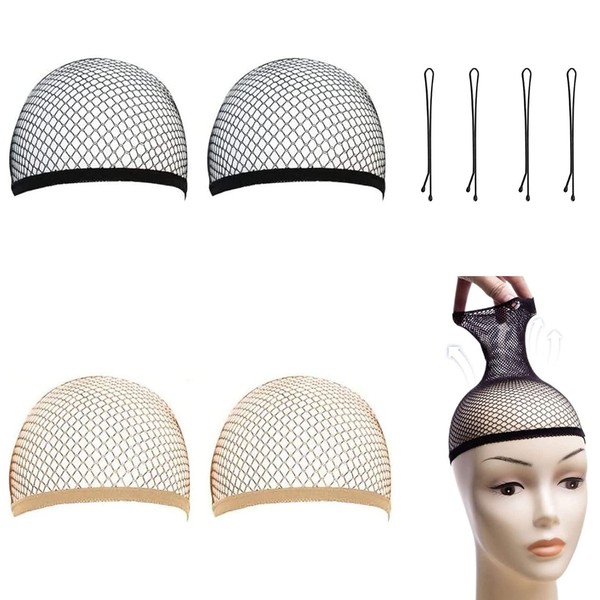 Wig Net, Hair Net for Wigs, Wig Cap Elastic Hair Net, Wig Caps Nylon, Wig Caps Undercap, Hair Net Wig Cap, Breathable, Nude + Black, Pack of 4
