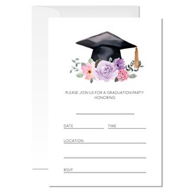ZYQFN ZY-YQ007 2025 Graduation Party Invitations - 20 Watercolor Floral & Graduation Cap Cards with Envelopes (4"x6"). (007)