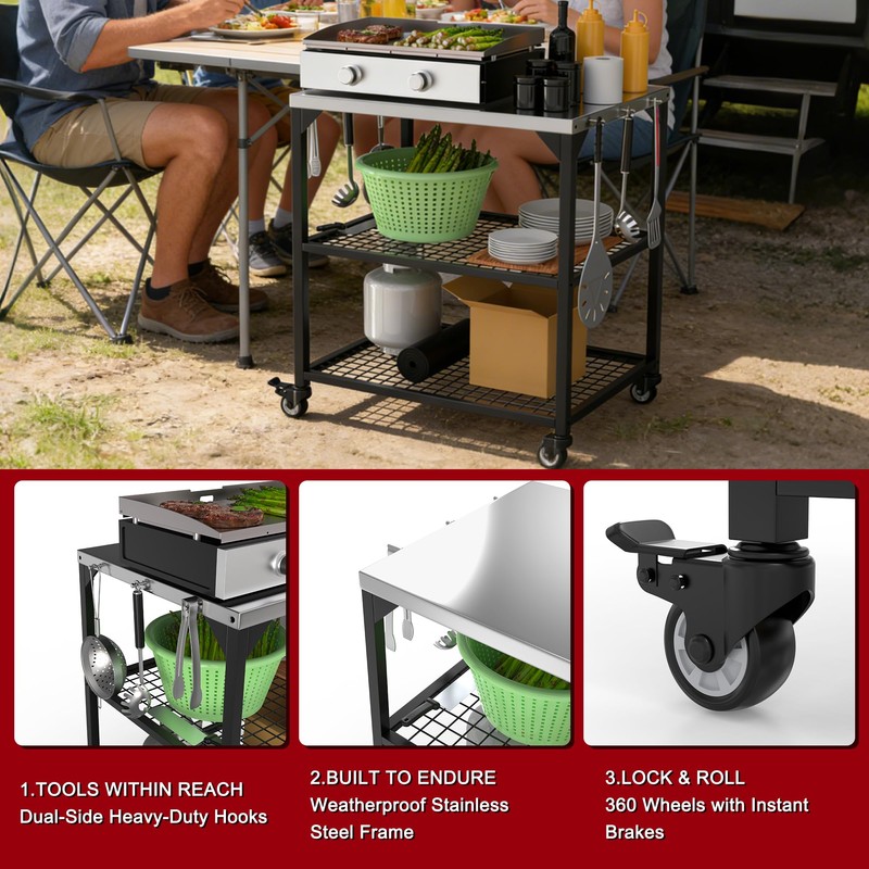 TAILGRILLER Stainless Steel Grill Cart on Wheels, Heavy Duty 3-Shelf